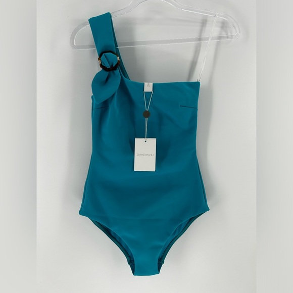 Zimmermann Nina Buckle One Piece Turquoise, Tortoise Shell, One Shoulder Sz 4 - Picture 1 of 10